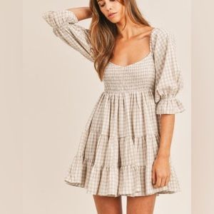MOVING SALE! Gingham Beige Smocked Puff Sleeve Tiered Boutique Dress